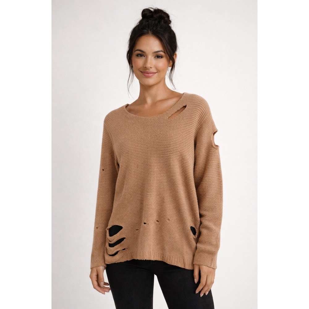 RtA Distressed Ribbed Knit Sweater Tan Beige Long Sleeve Cut Out Distressed S